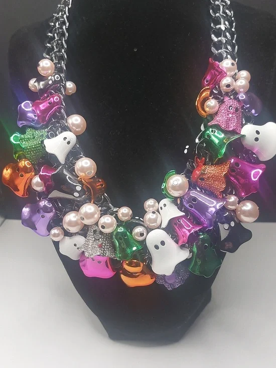 Betsey Johnson Halloween Colorful Ghosts Chunky Bib Statement Necklace - Picture 16 of 16